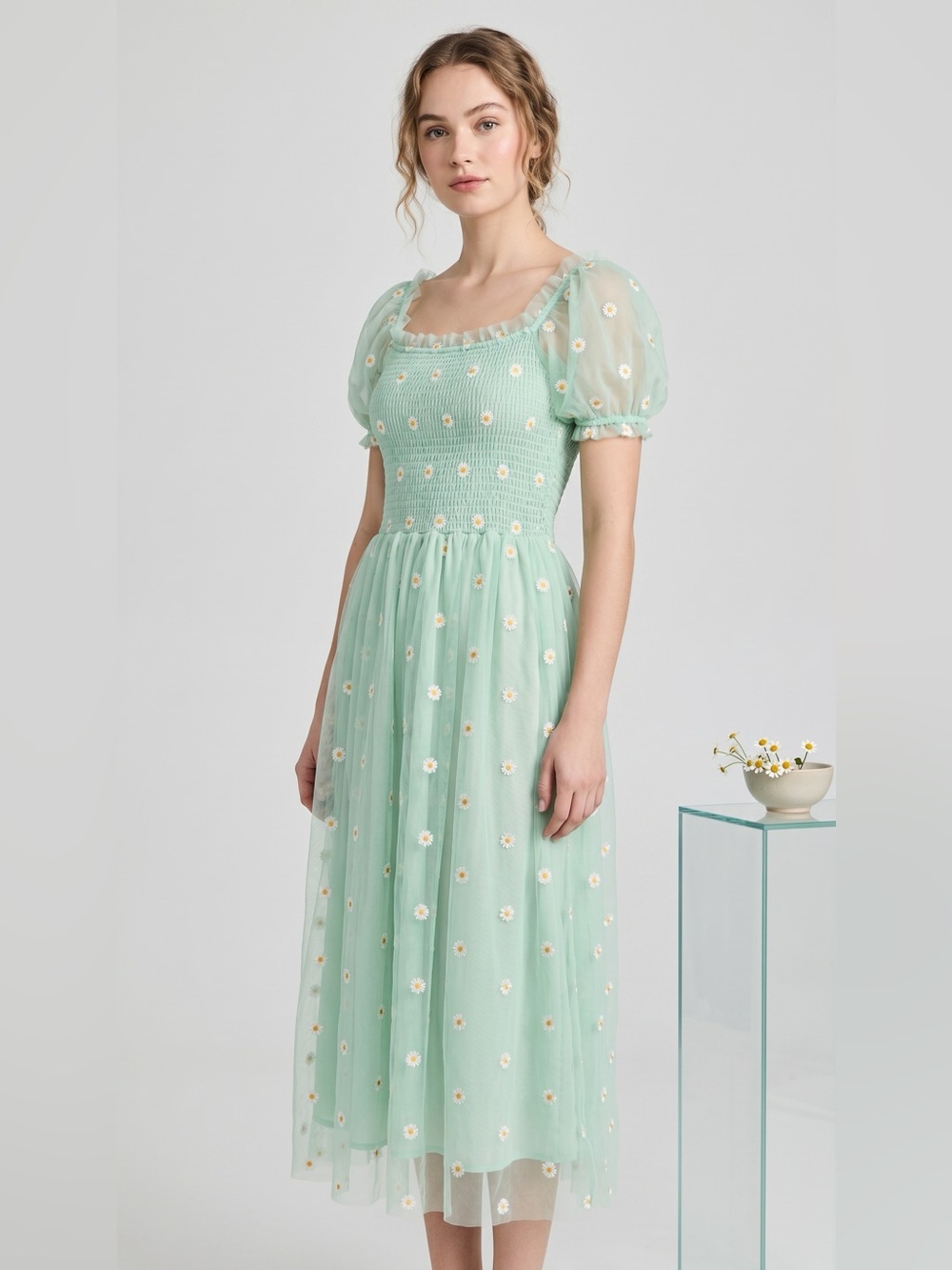 Mint Green Daisy Embroidered Puff-Sleeve Dress